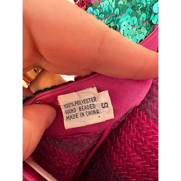 Vintage 80’s Nadine Teal & Hot Pink Beaded Sequin Mini Party Dress Size Small - Picture 8 of 9